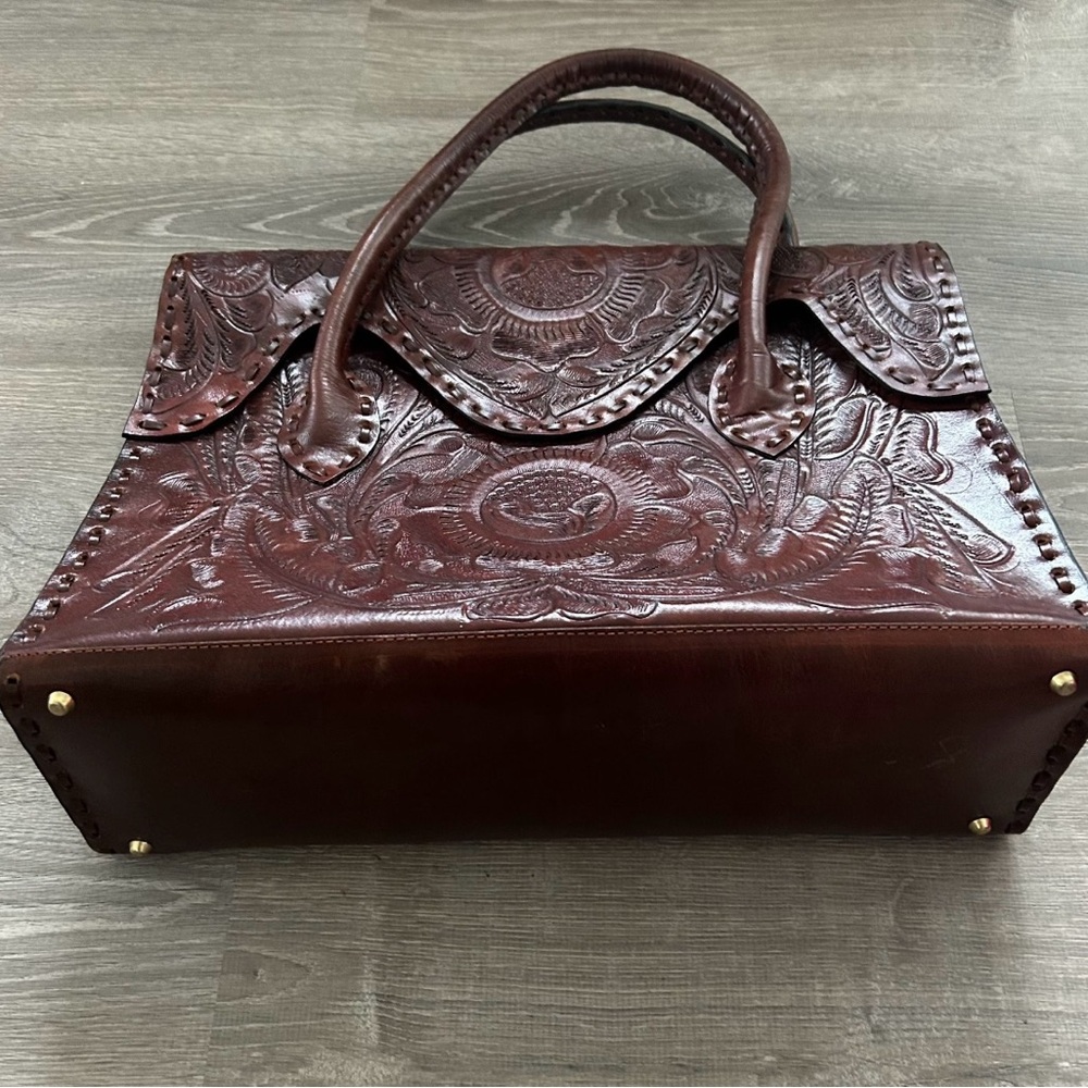 Large Top Handle Messenger Satchel Handtooled Leather Bag - Picture 7 of 12